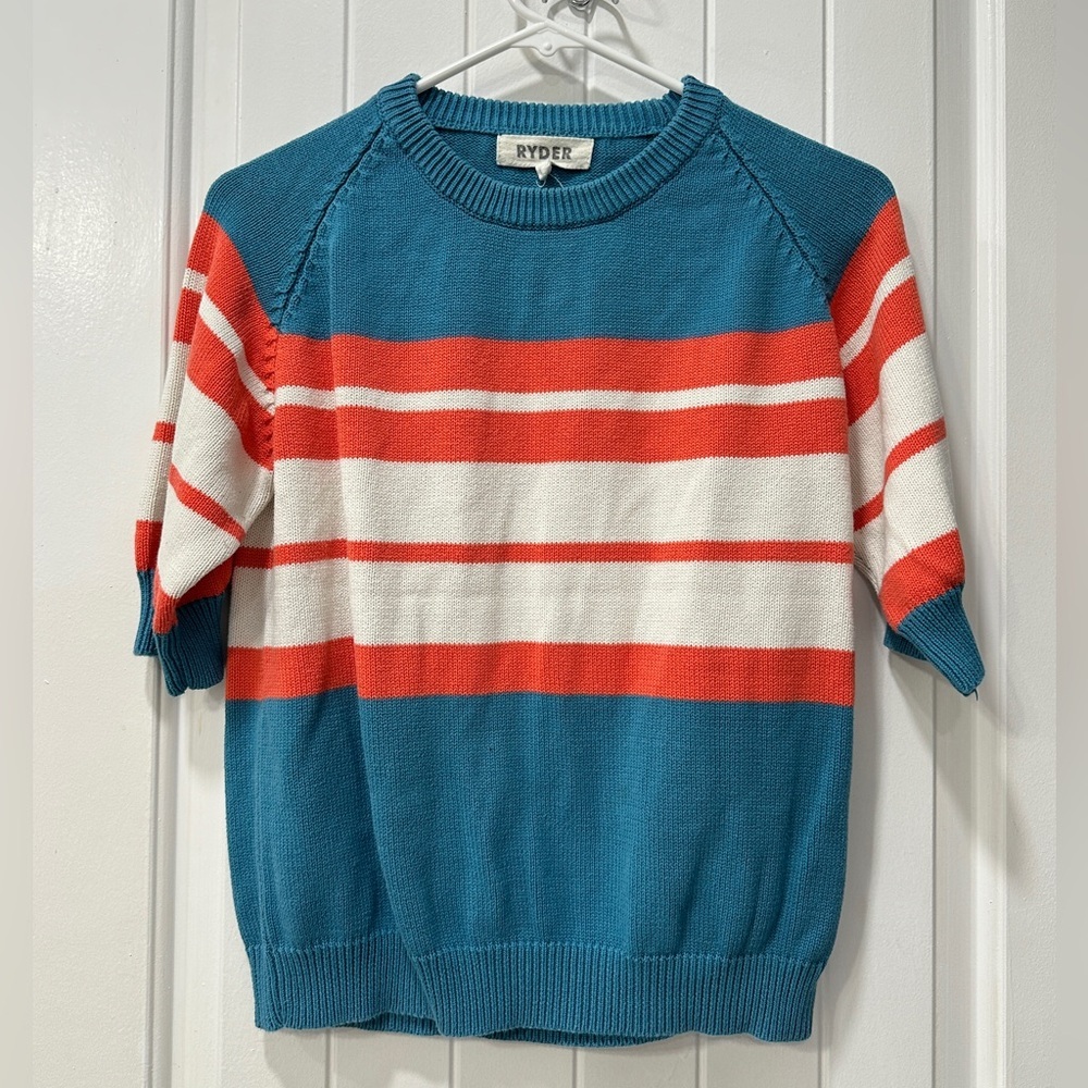 Striped Short-Sleeve Crewneck Tee in Teal, Coral & White